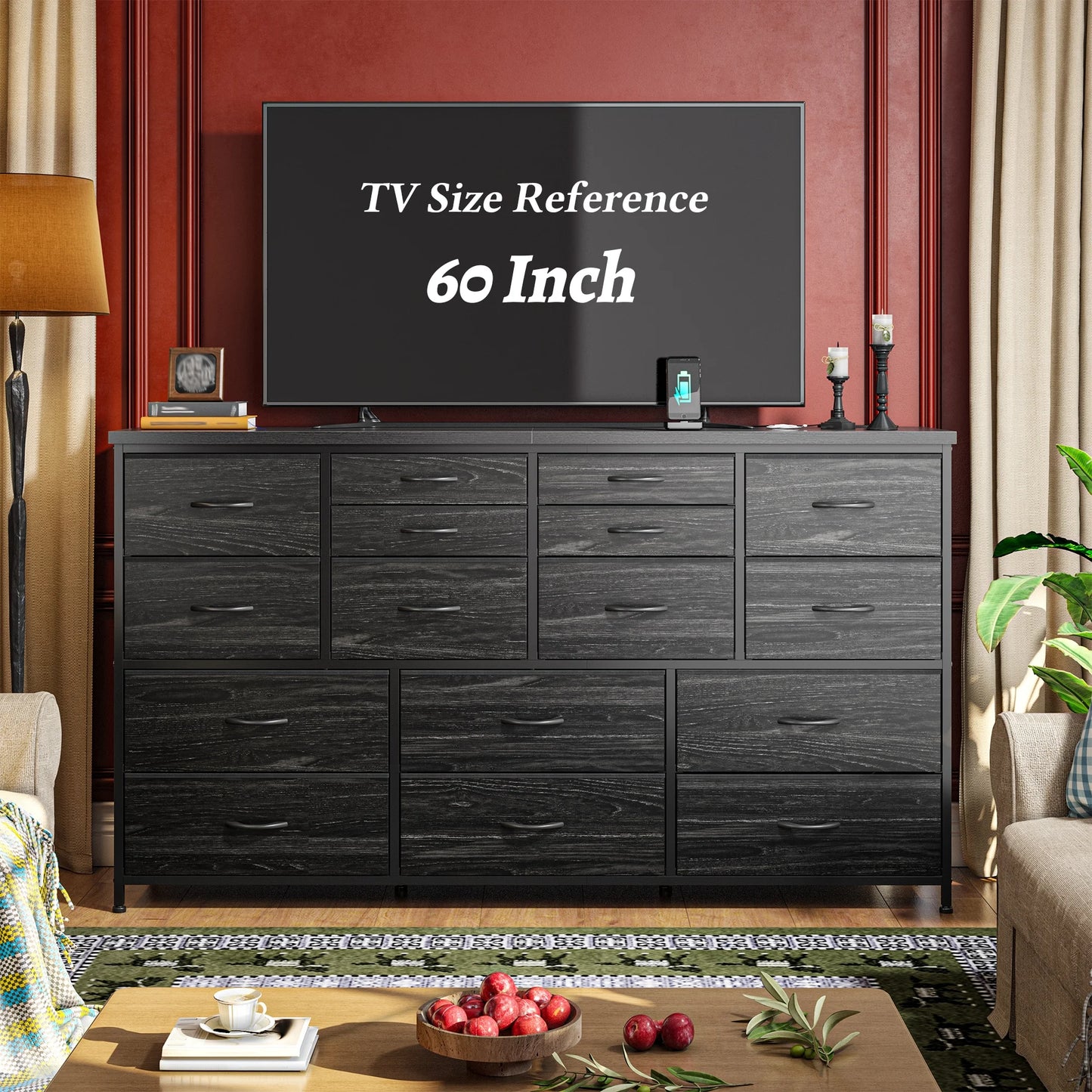 Fabric Dresser With Charging Station And TV Stand Organizer