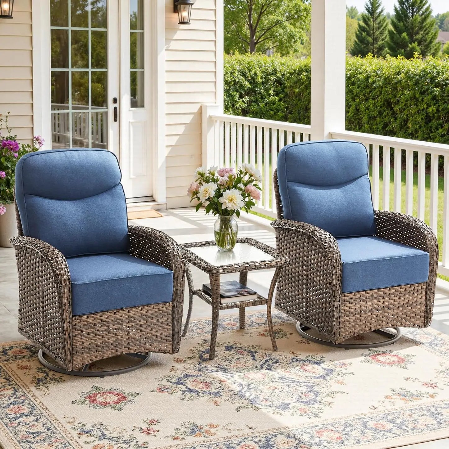 Luxurious 3 Piece Patio Conversation Set With Cushions And Swivel Rockers