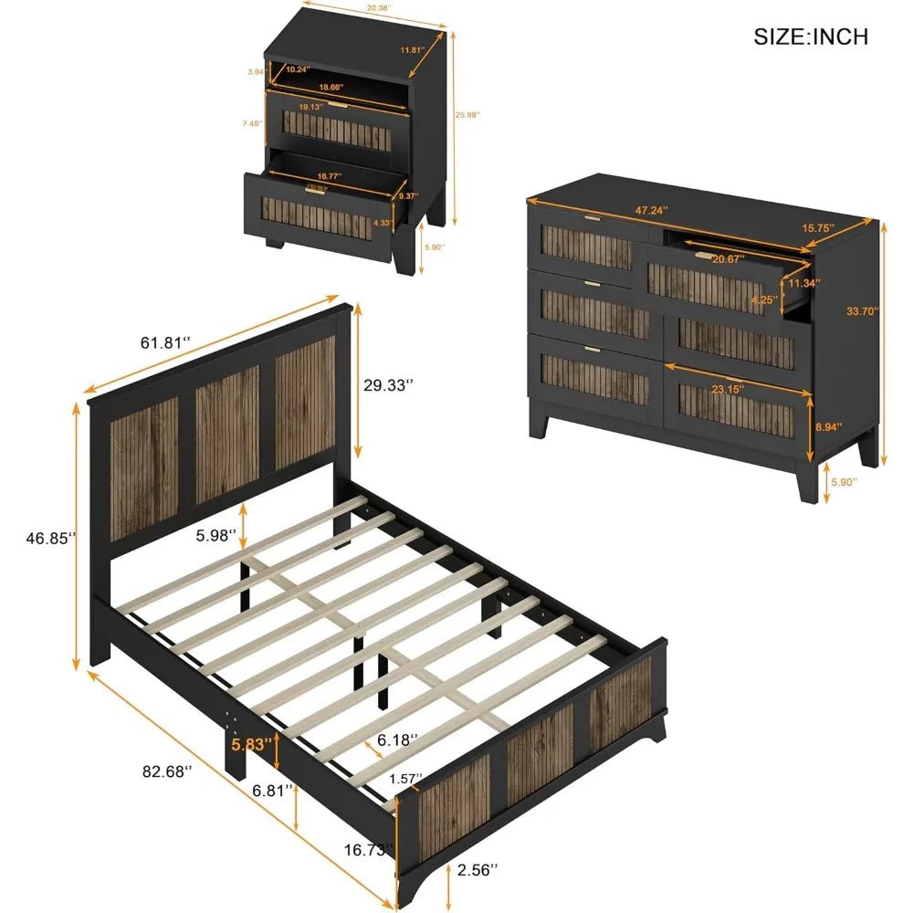 MKDK 4 Piece Bedroom Set Platform Bed Nightstands Dresser