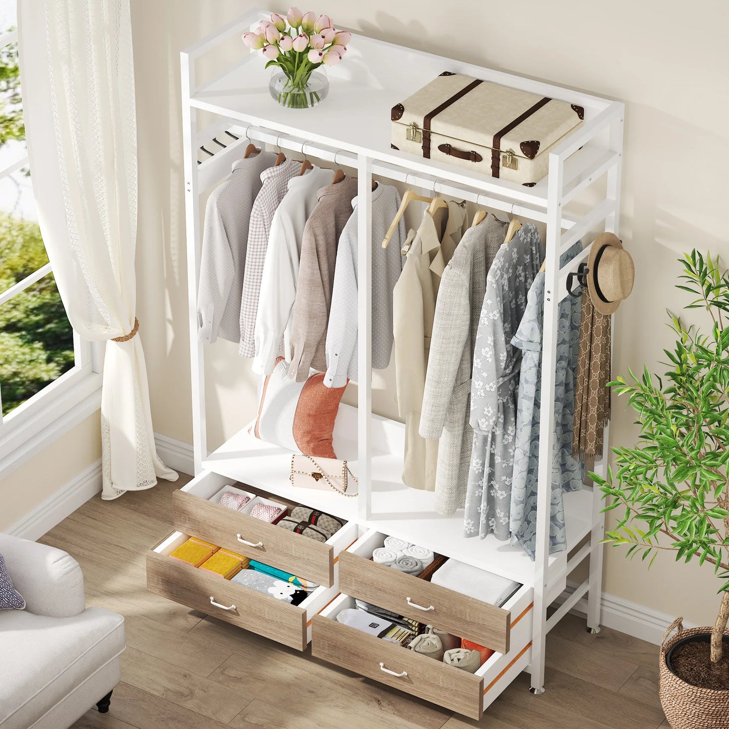 Tribesigns Freestanding Closet Organizer Garment Rack With Drawers And Hooks