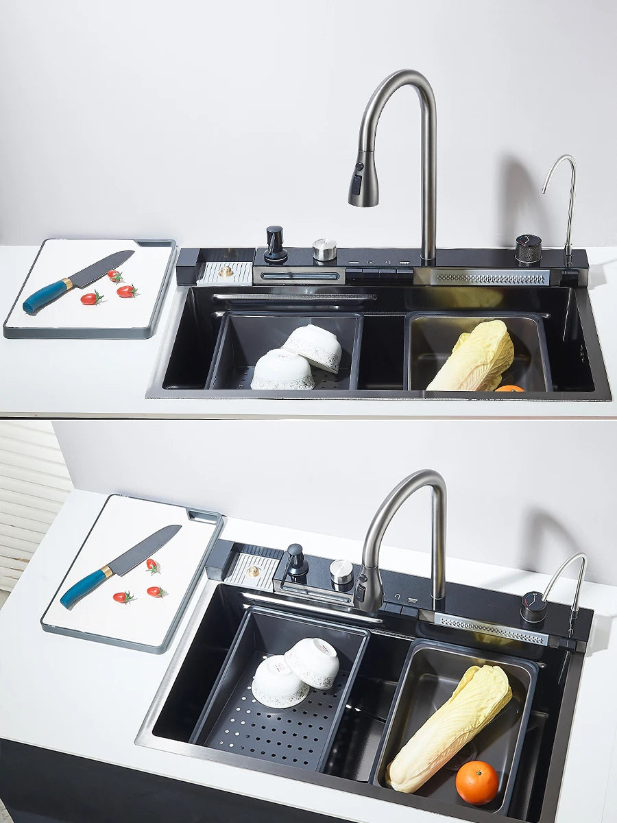 Quyanre Stainless Steel Kitchen Sink With Faucet Waterfall Digital Display