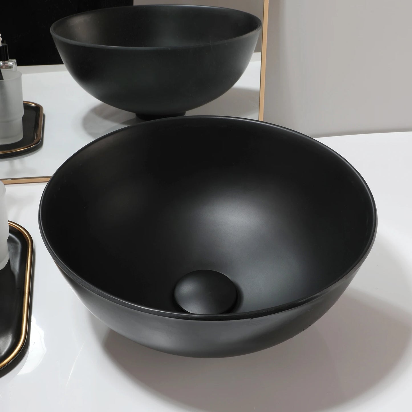 MEKKHALA Round Stone Resin Vessel Sink With Drain Combo Above Counter