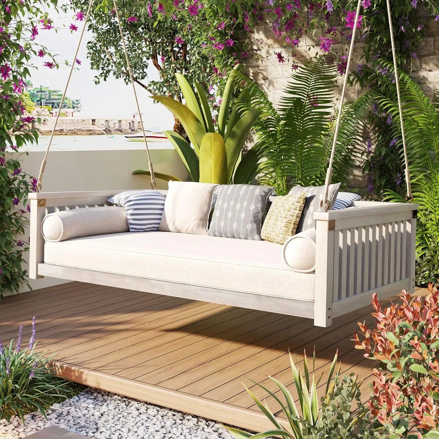 Porch Daybed Swing Outdoor Wooden Swing Bench For Patio Garden