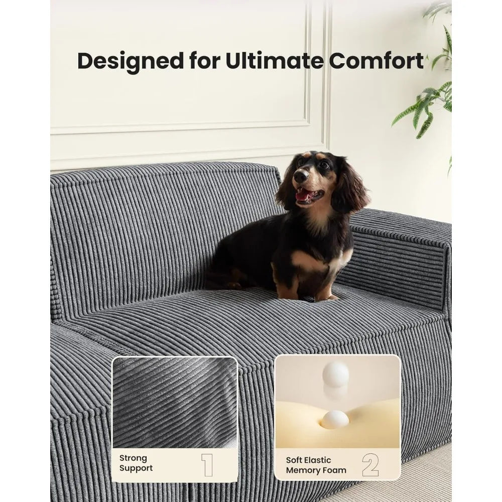 L Shaped Modular Sofa In Corduroy Fabric With High Back