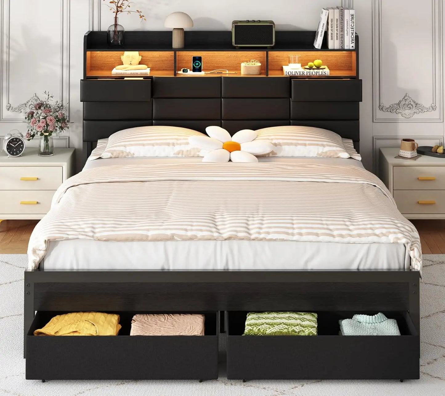 Bed Frame With Storage Headboard And Four Drawers With Charging
