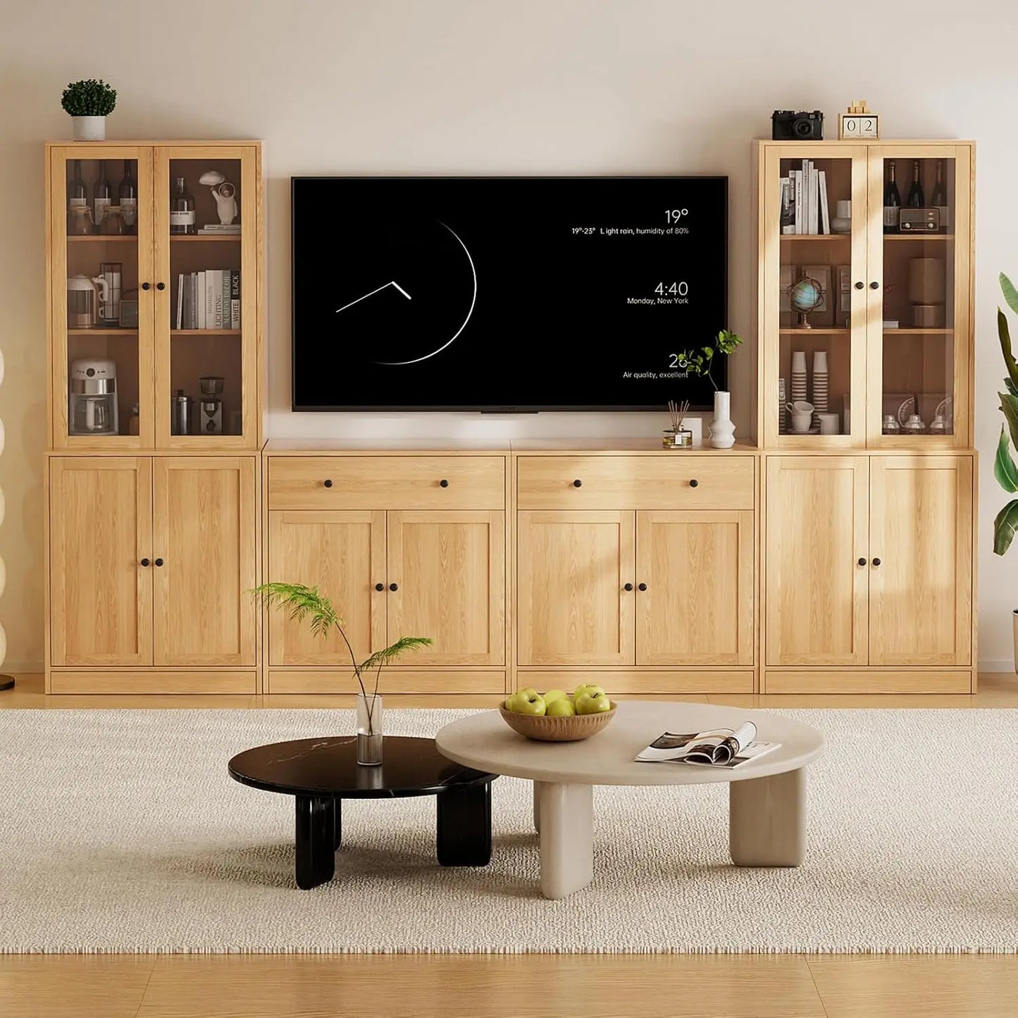 Wood TV Stand Media Console With Glass Doors And Drawers