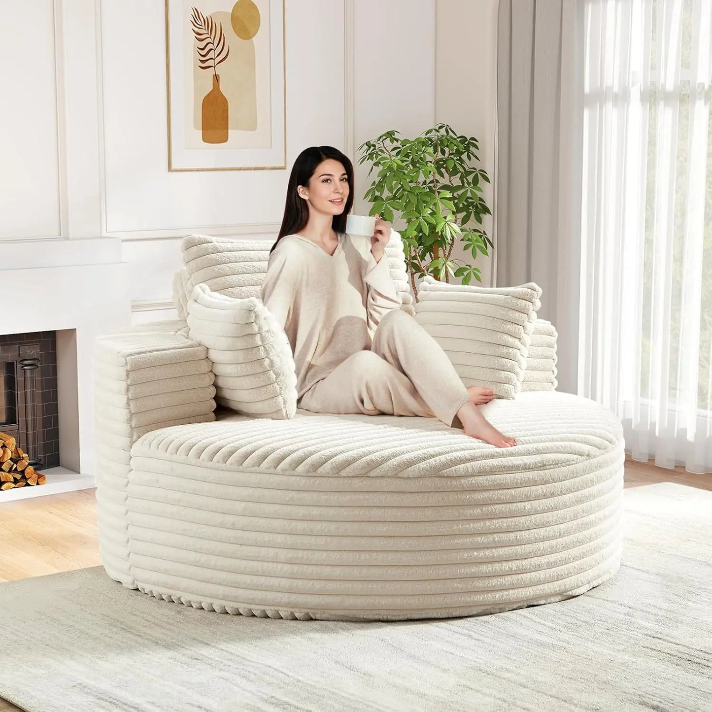 Oversized Round Chaise Lounge Chair Corduroy Deep Seat