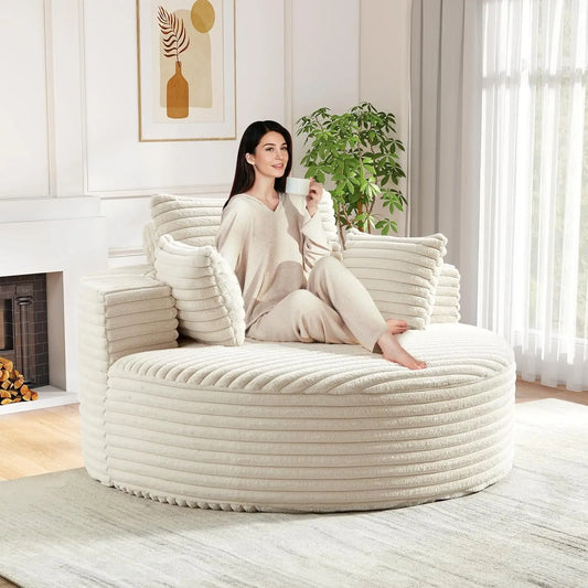 Oversized Round Chaise Lounge Chair Corduroy Deep Seat