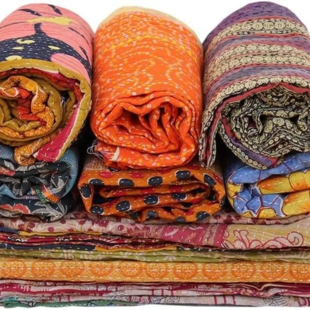 Vintage Kantha Quilts Handmade From Old Saree Boho Cotton Blanket