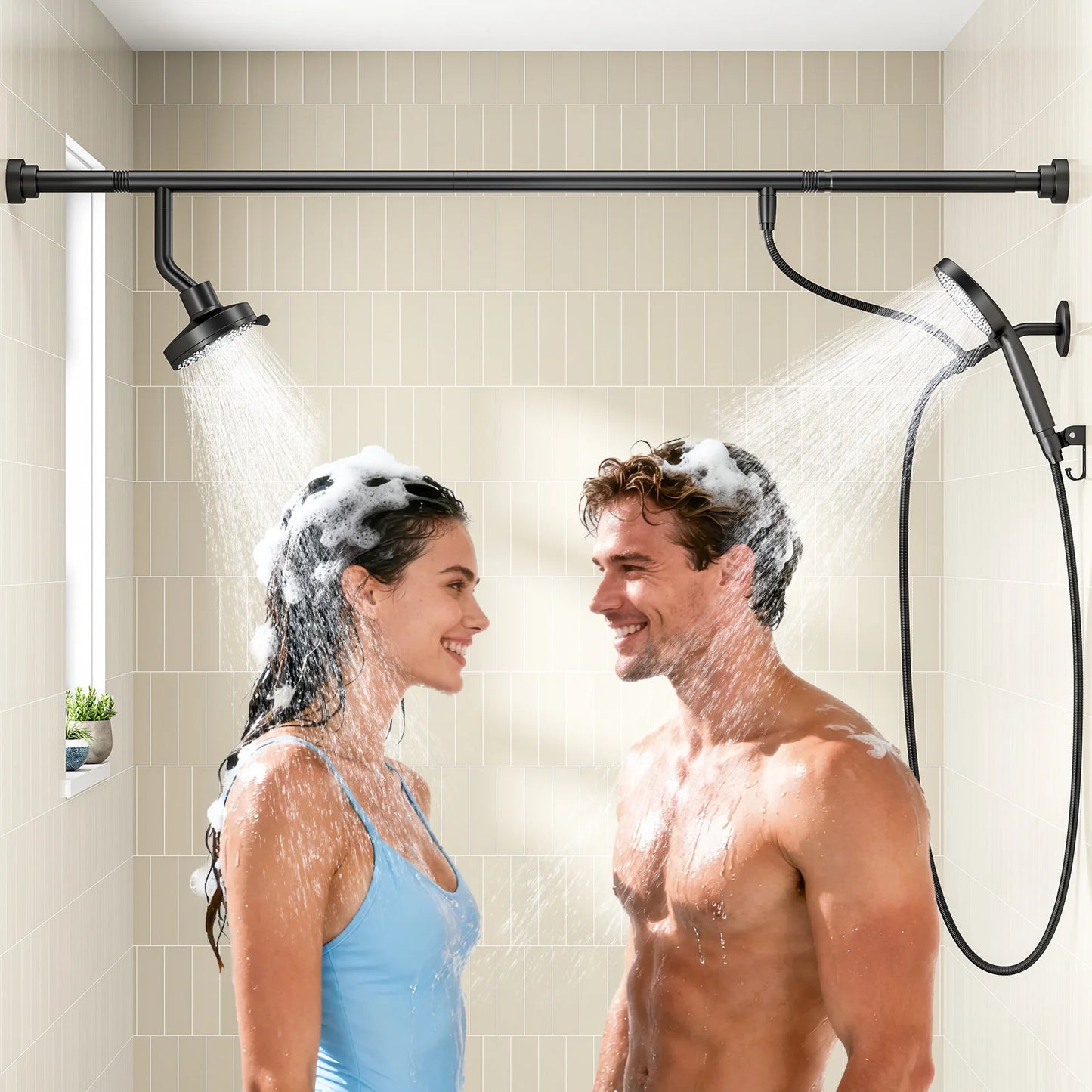 Tandem Double Shower Head for Couples With Handheld Stainless Steel