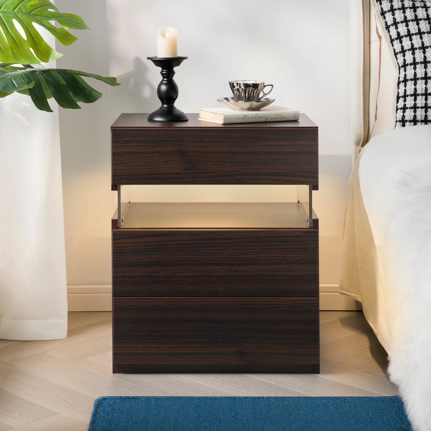 Cubehom LED Bedside Table With 3 Drawers Modern Nightstand