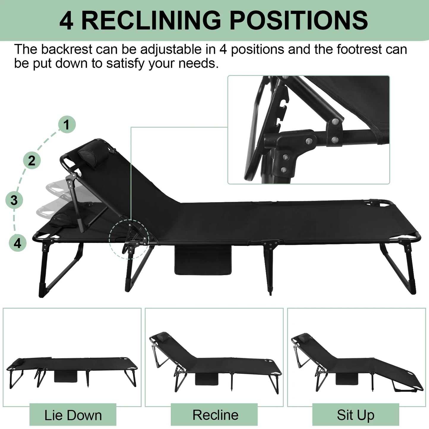 Portable Folding Camping Cot 3 Position Reclining Lounge Chair With Pillow