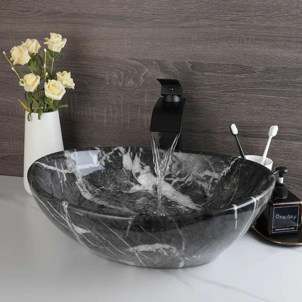 YANKSMART Ceramic Vessel Sink Oval Above Counter With Faucet Drain