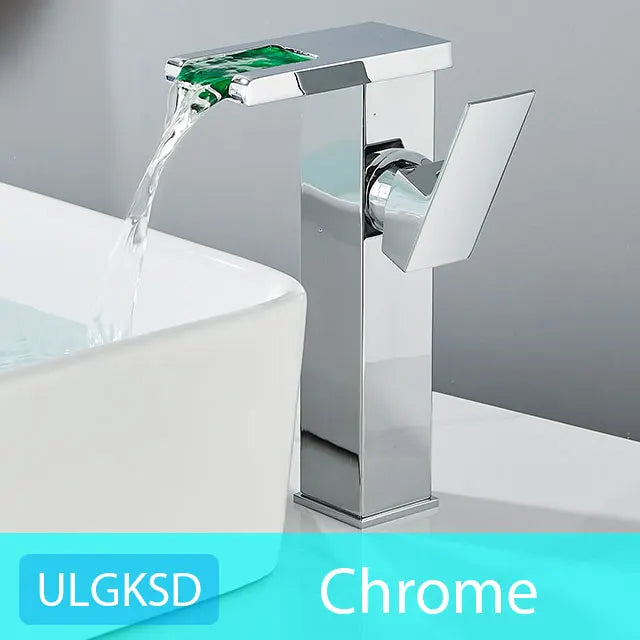 ULGKSD Bathroom Sink Faucets Cold&Hot Hydroelectric LED Basin Faucet Deck Mounted Waterfall Mixer Tap Kitchen Dual-use Tap Crane