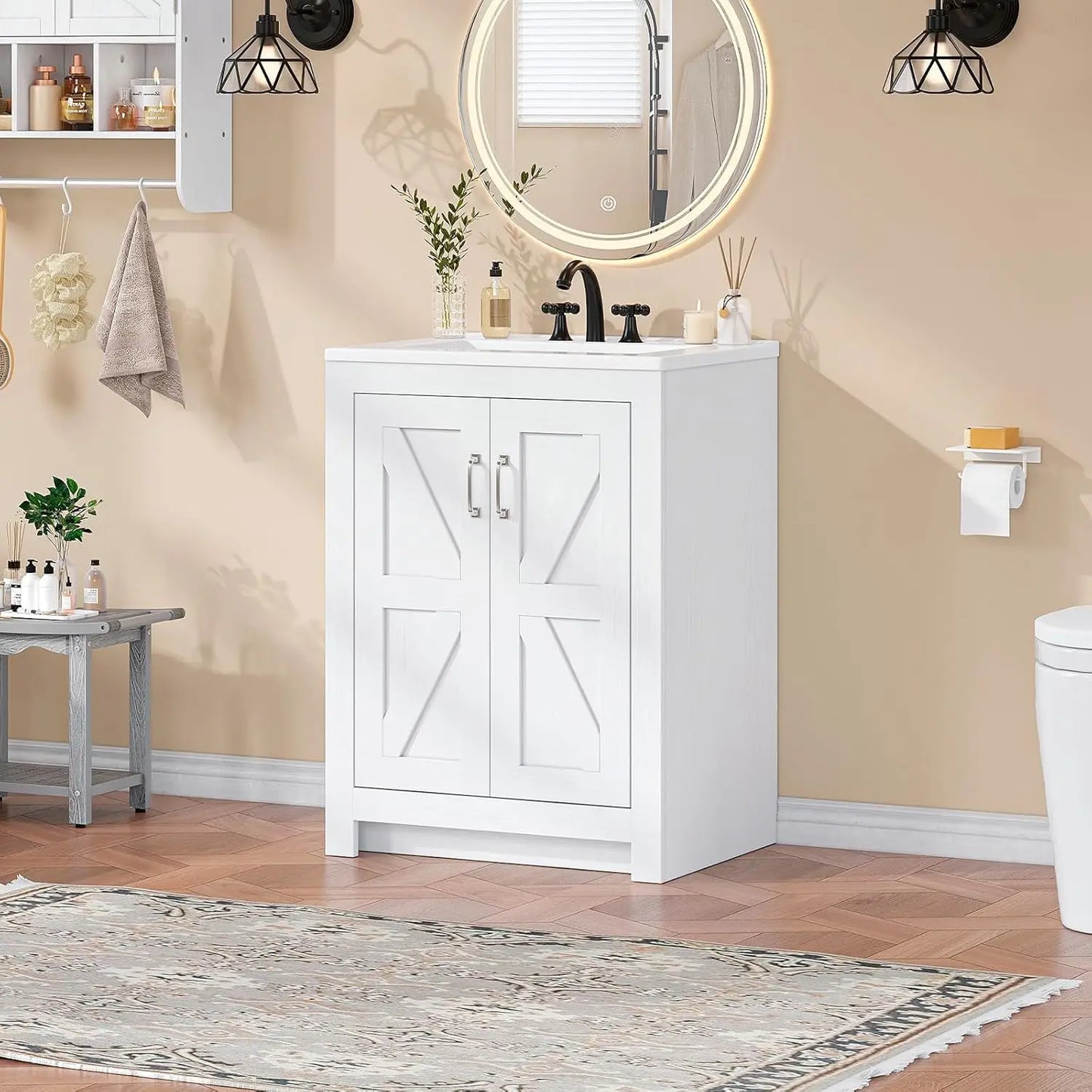 Farmhouse Bathroom Vanity With Sink Ceramic Basin Wood Cabinet