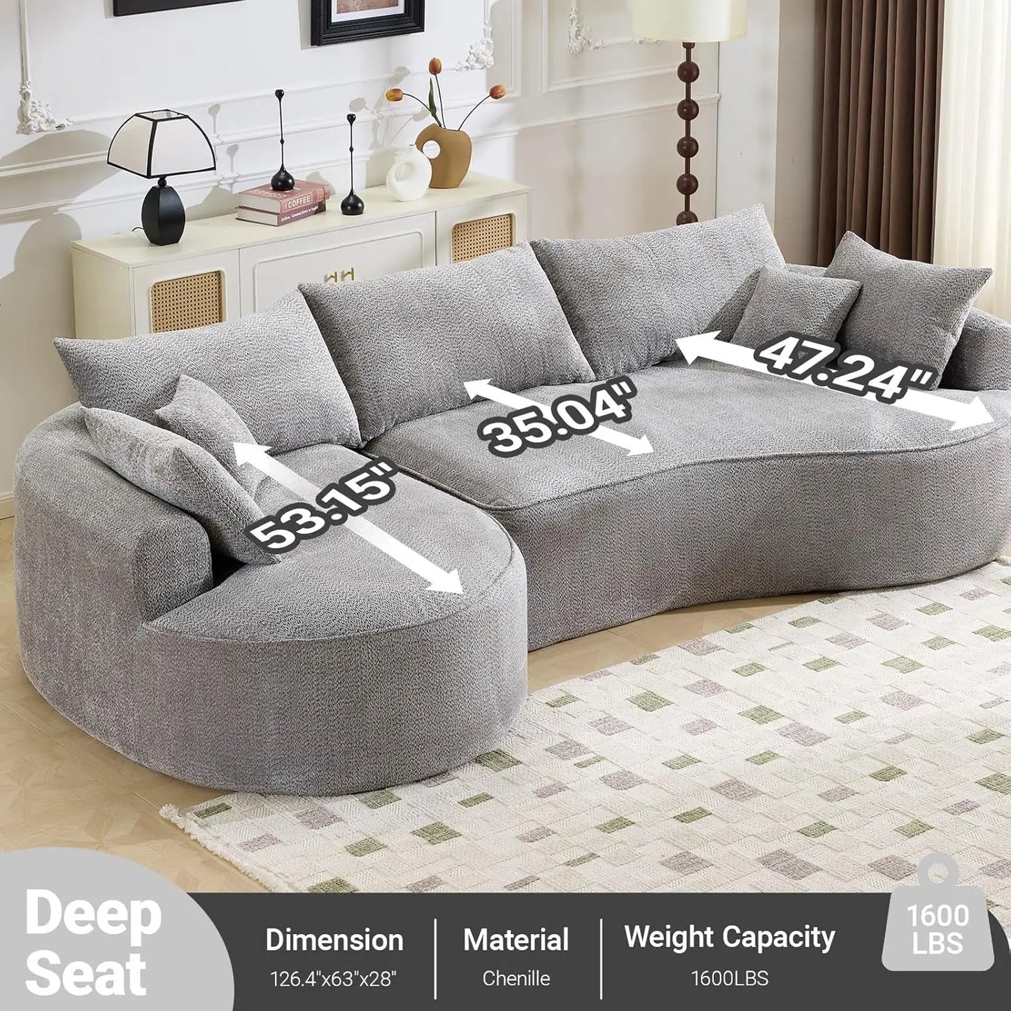 L-Shaped Boneless Sofa Sectional With Deep Seats and Pillows