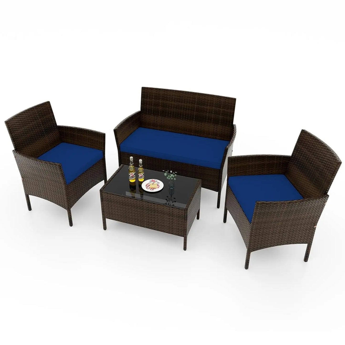 Rattan Outdoor Patio Conversation Set With Cushions And Glass Coffee Table