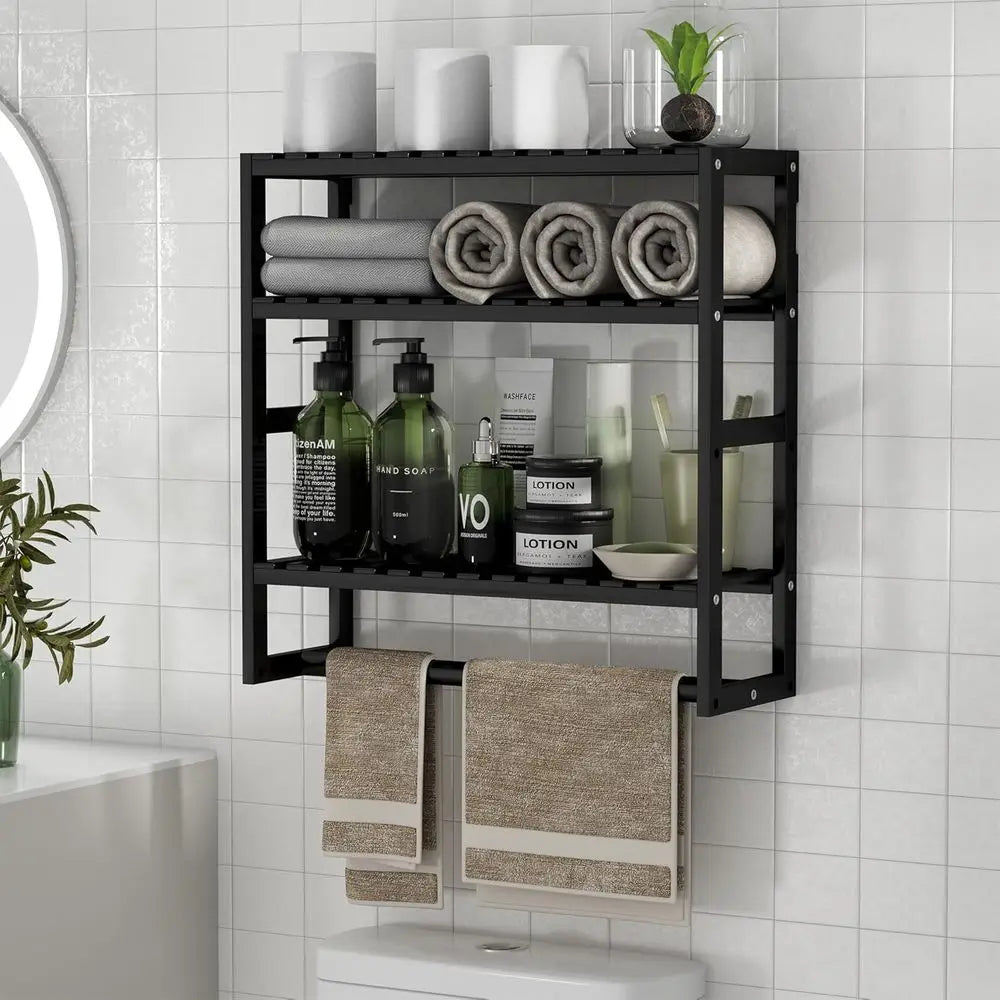 Adjustable Bamboo Over Toilet Storage Shelf With Towel Bar