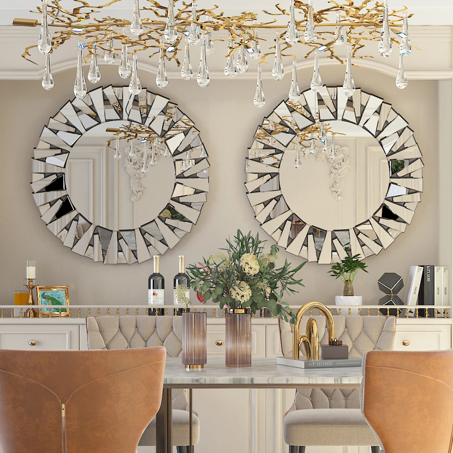 Sunburst Round Wall Mirror Beveled Glass Modern Silver Accent