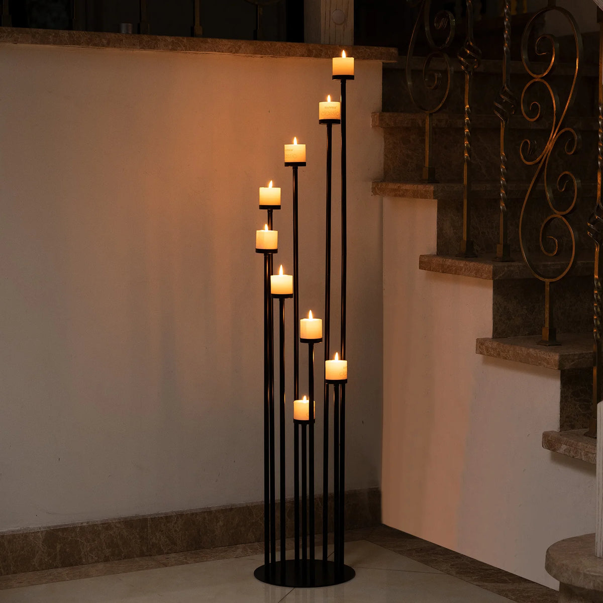 Nine Arms Gold And Black Pillar Taper Candle Holder Centerpiece