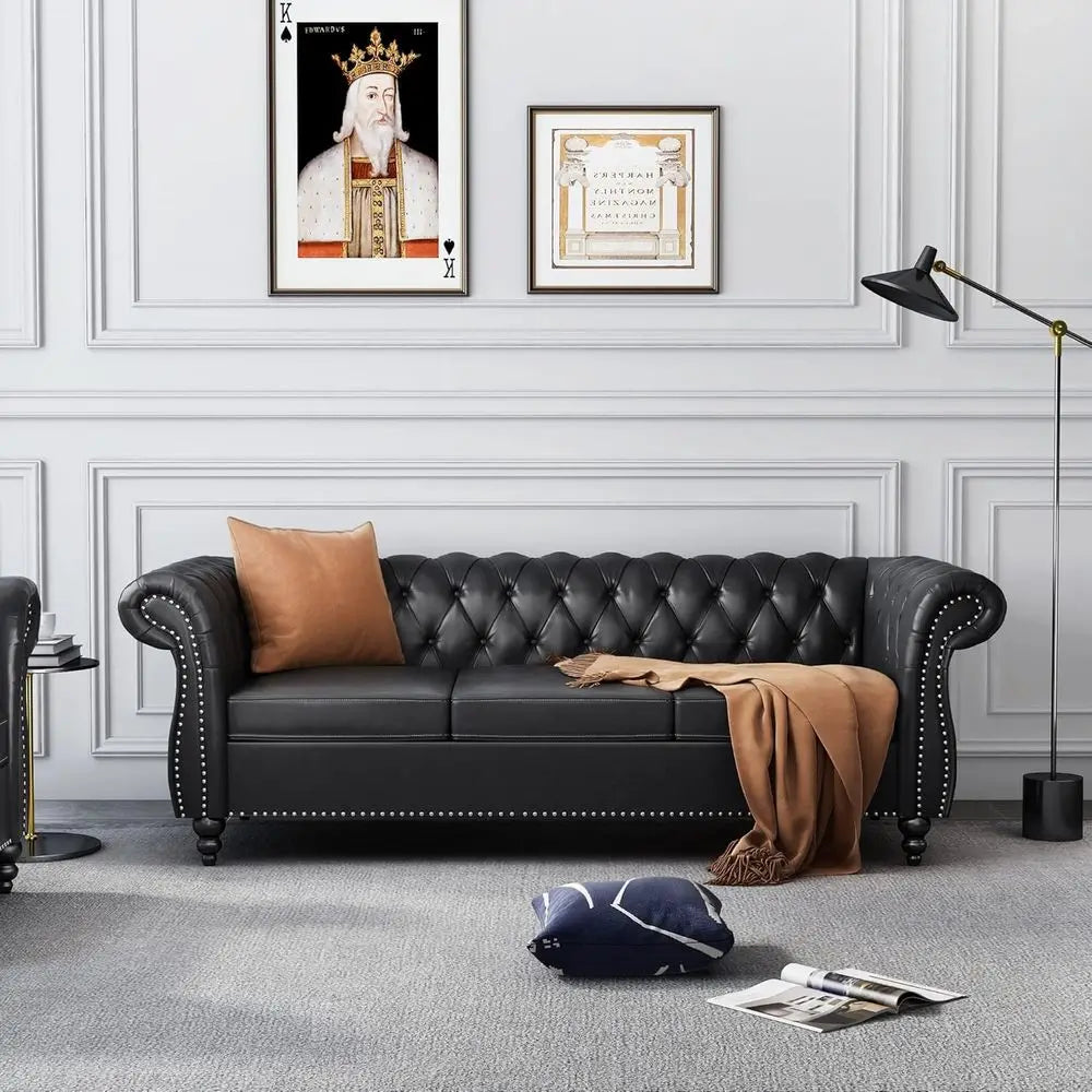 Chesterfield Leather Sofa and Loveseat Set with Scroll Arm
