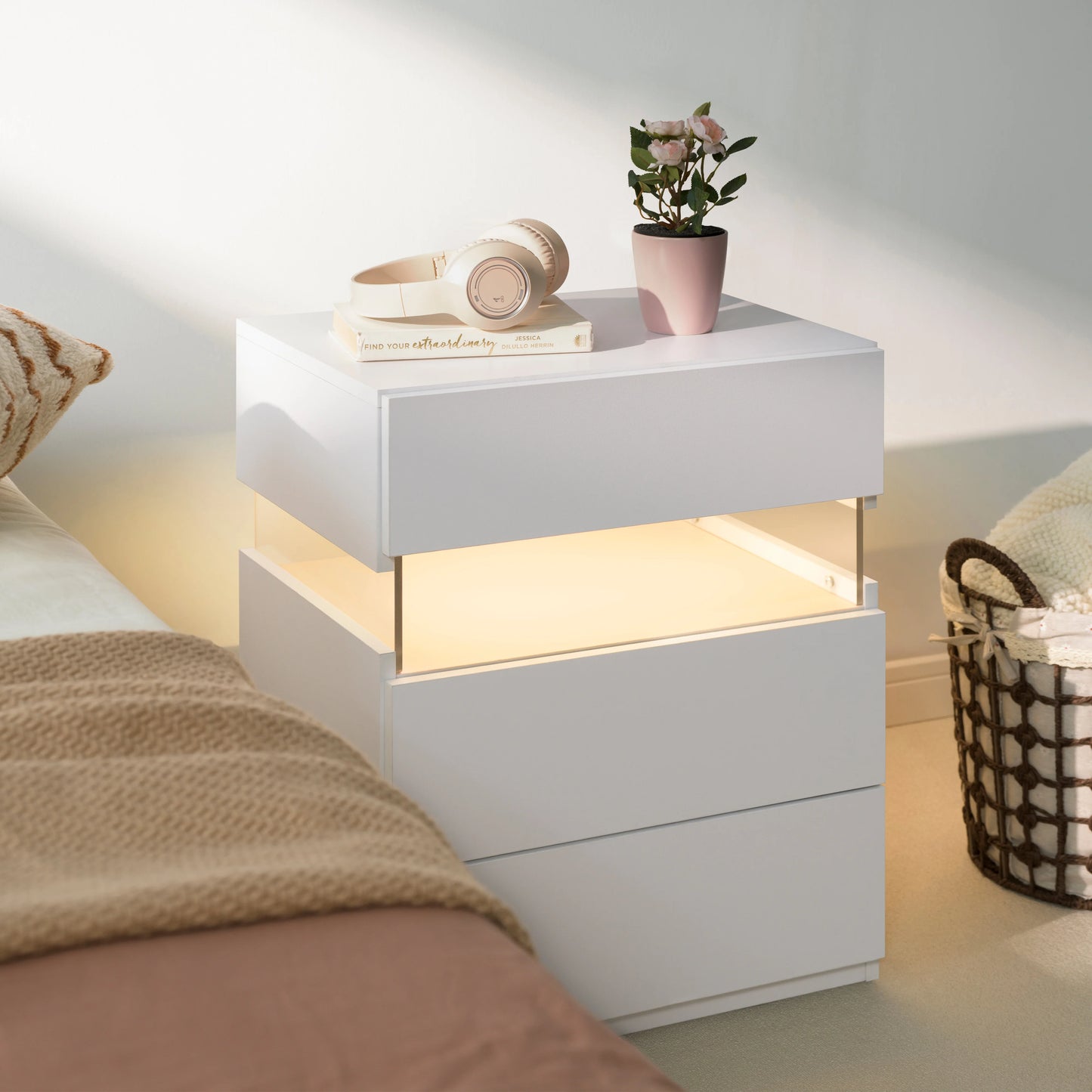 Cubehom LED Bedside Table With 3 Drawers Modern Nightstand