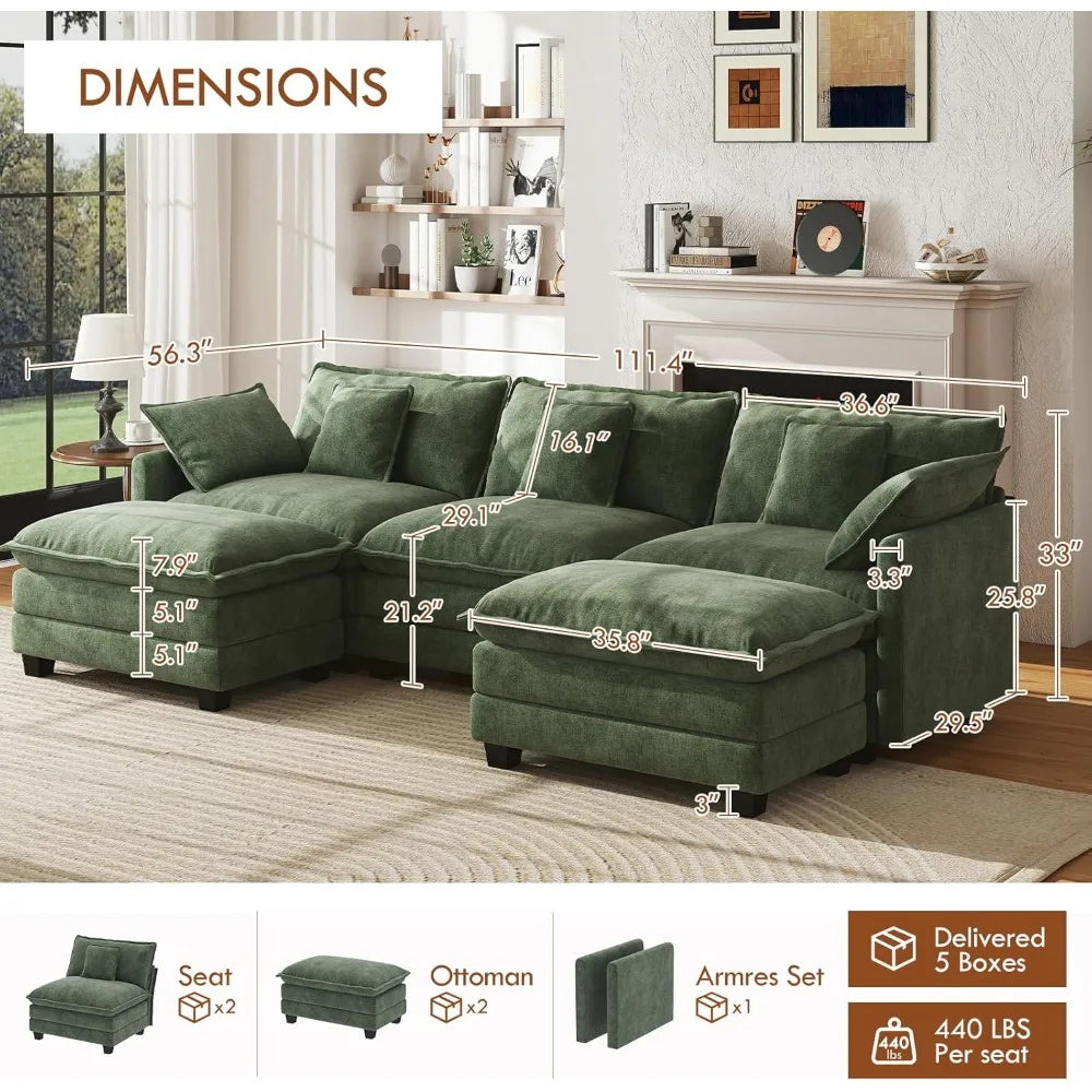 U Shape Modular Sectional Sofa Chenille With Movable Ottomans