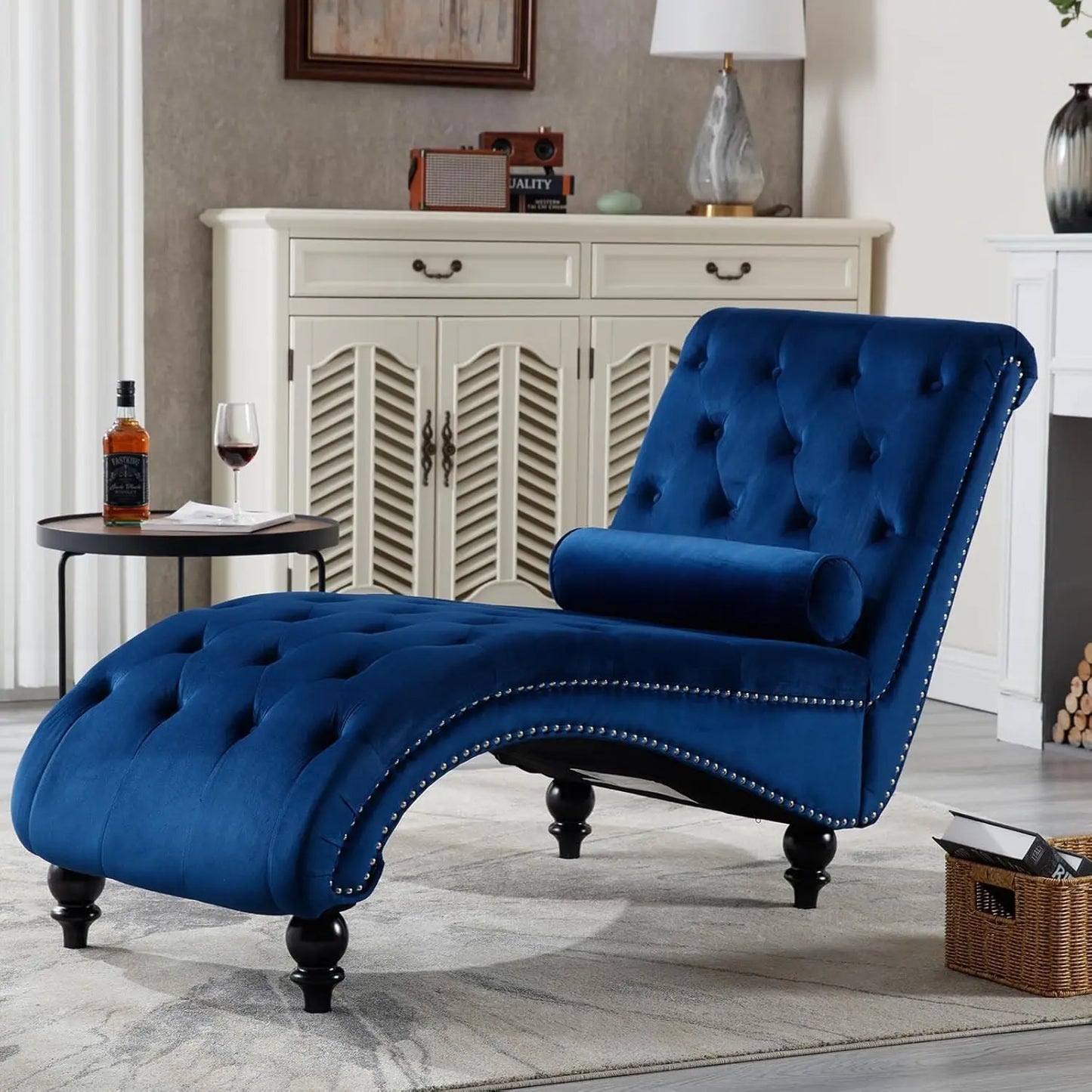 Velvet Chaise Lounge Chair With Tufted Upholstery For Living Room