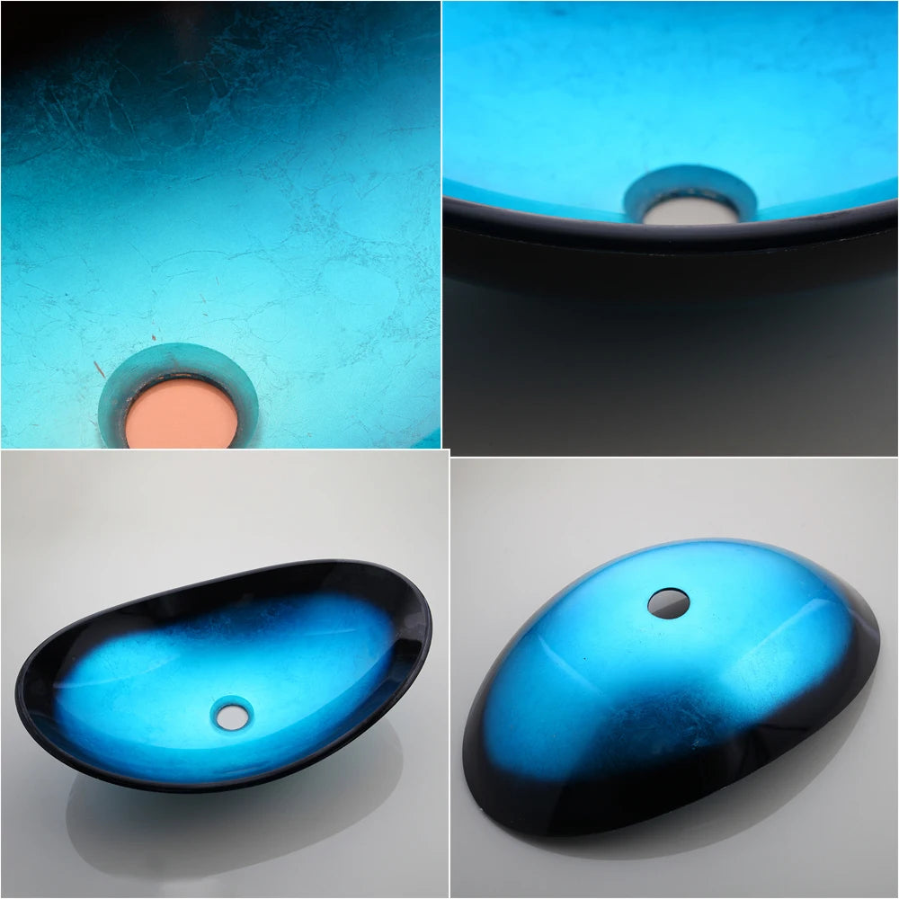 YANKSMART Monite Tempered Glass Bathroom Sink Set Oval Above Counter