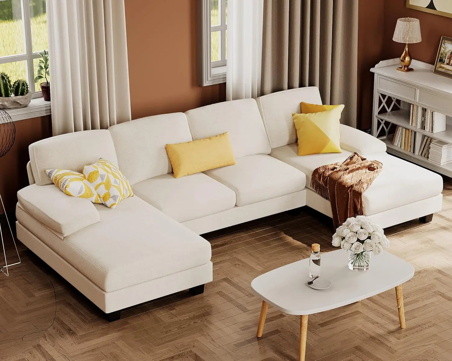 Combination U Shaped Sectional Sofa Linen Fabric Chaise 4 Seat