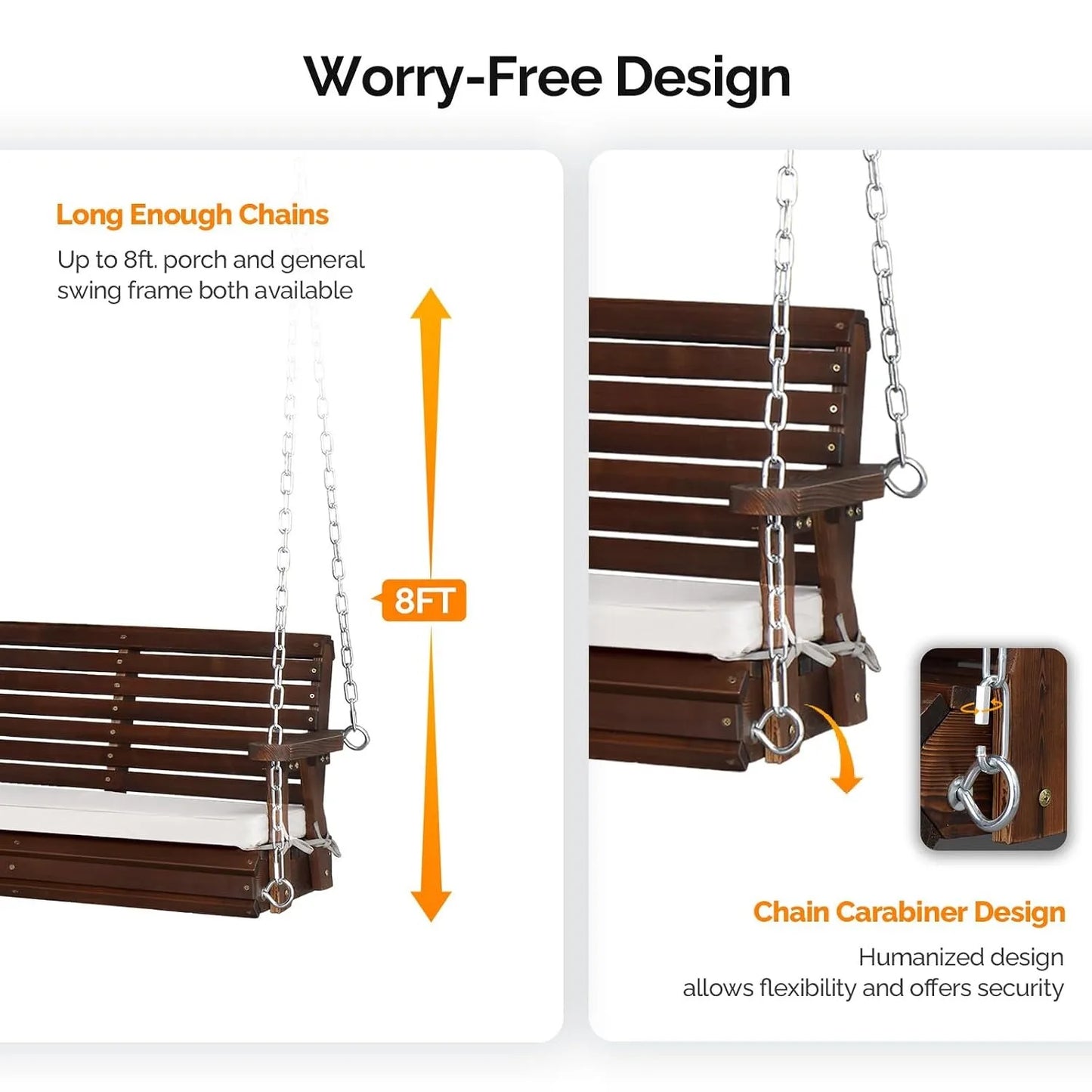 Farmhouse Wooden Hanging Porch Swing Bench With Extra Cushion