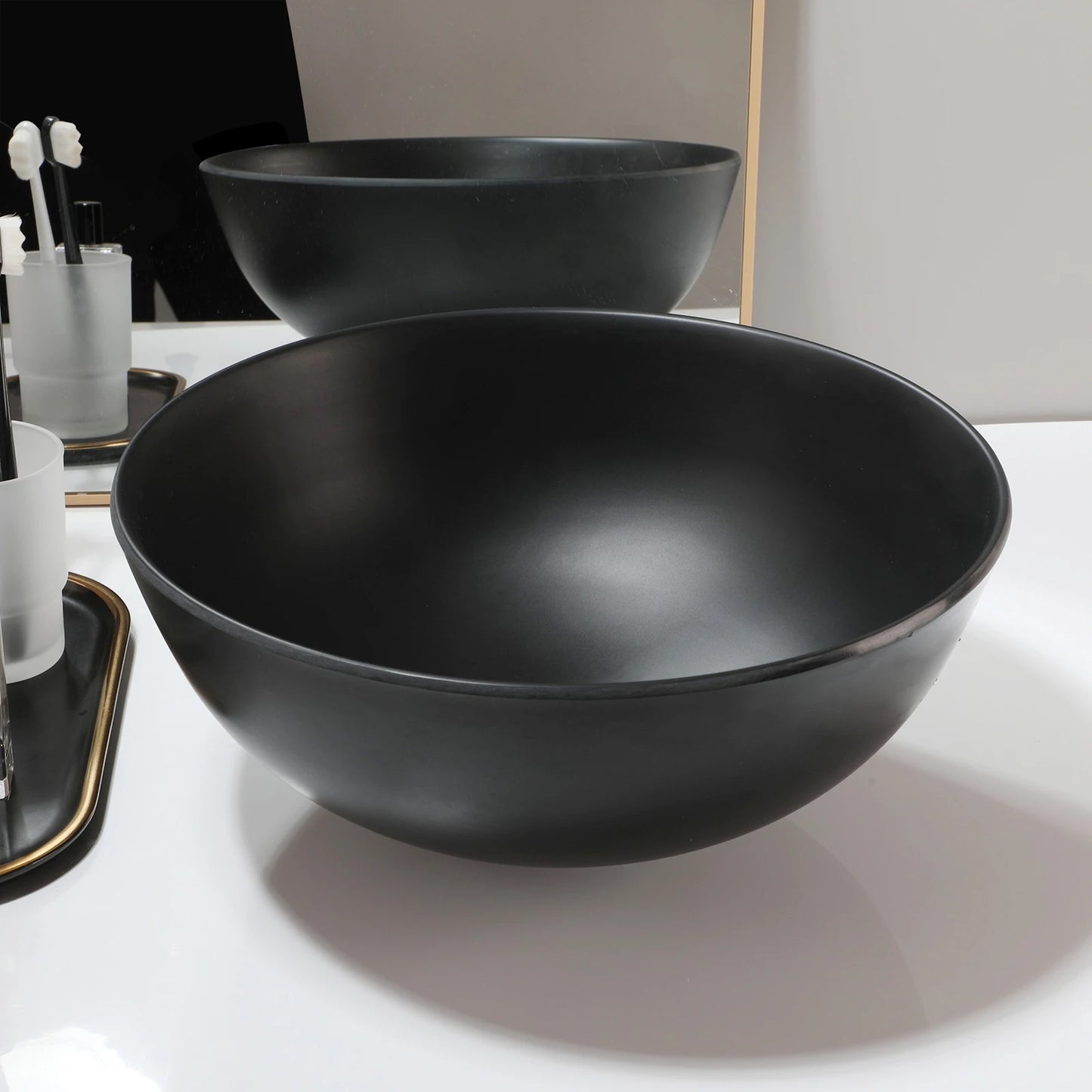 MEKKHALA Round Stone Resin Vessel Sink With Drain Combo Above Counter