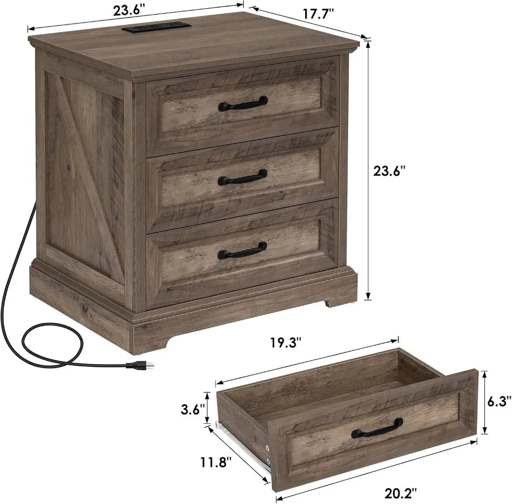 Farmhouse Nightstand With Charging Station USB And AC Ports