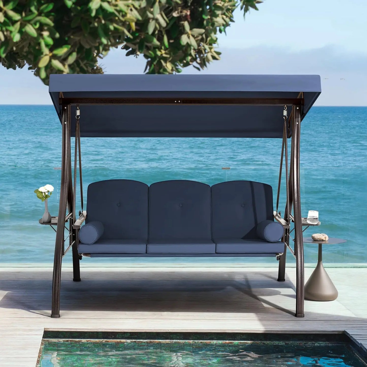 Three Person Porch Swing With Adjustable Canopy Cushioned Steel Frame