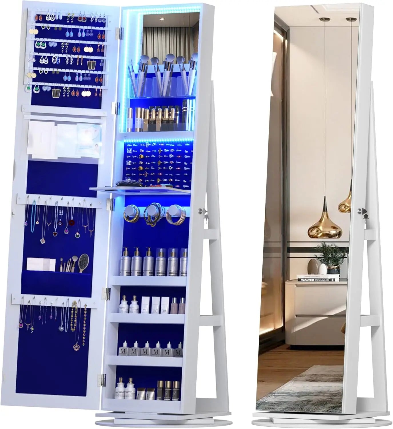 LED Jewelry Armoire With Lockable Mirror 360 Degree Rotation