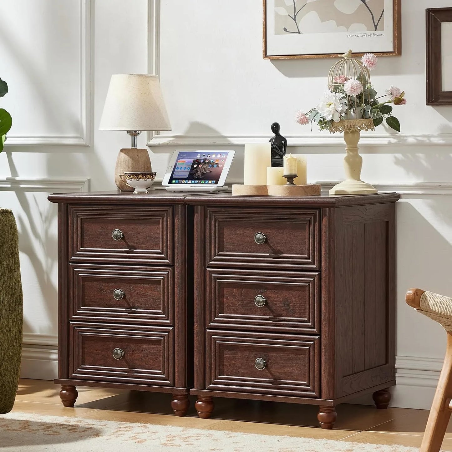 Walnut Farmhouse Nightstands With 3 Drawers Bedside Tables