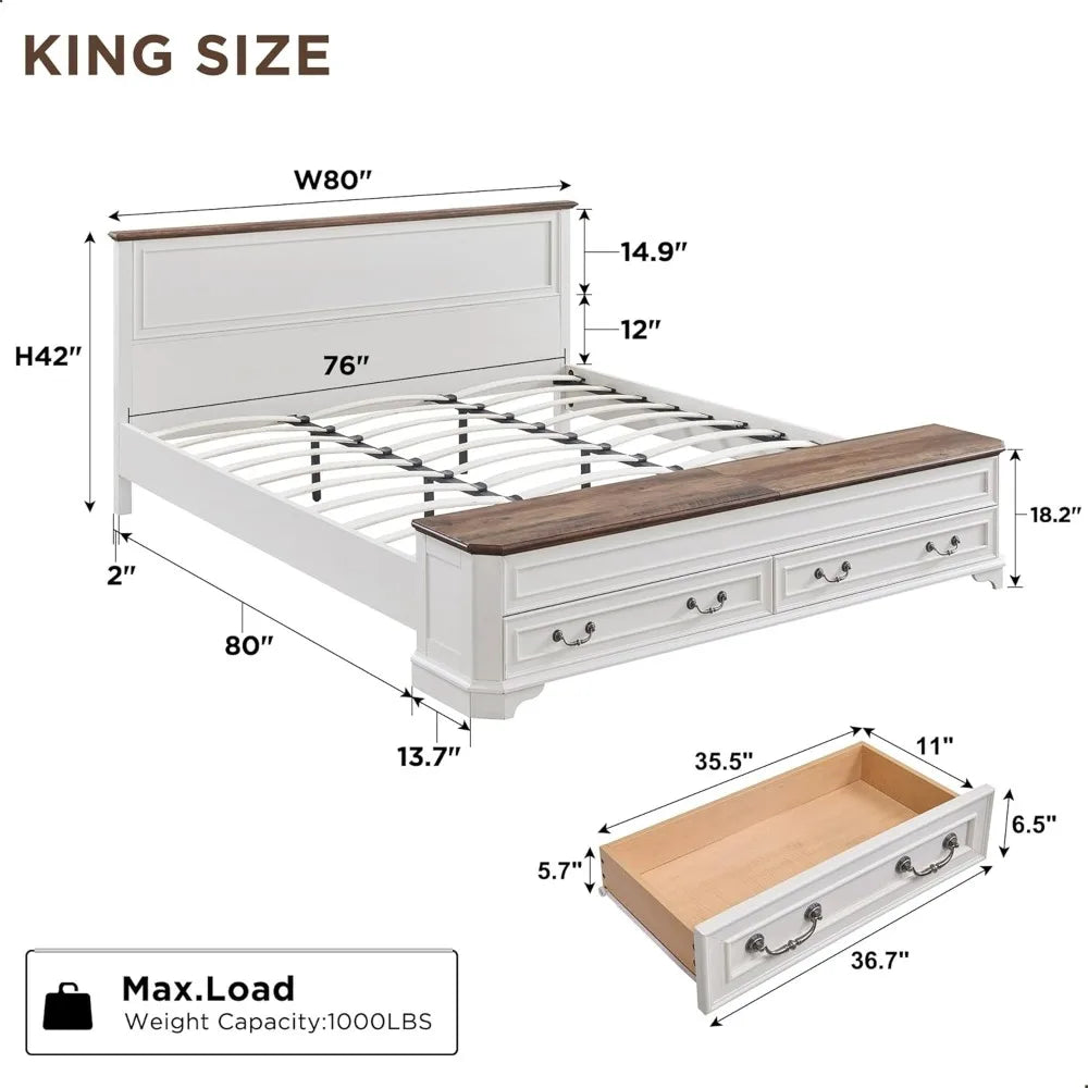 XMSJ Farmhouse King Platform Bed With Headboard Storage Bench