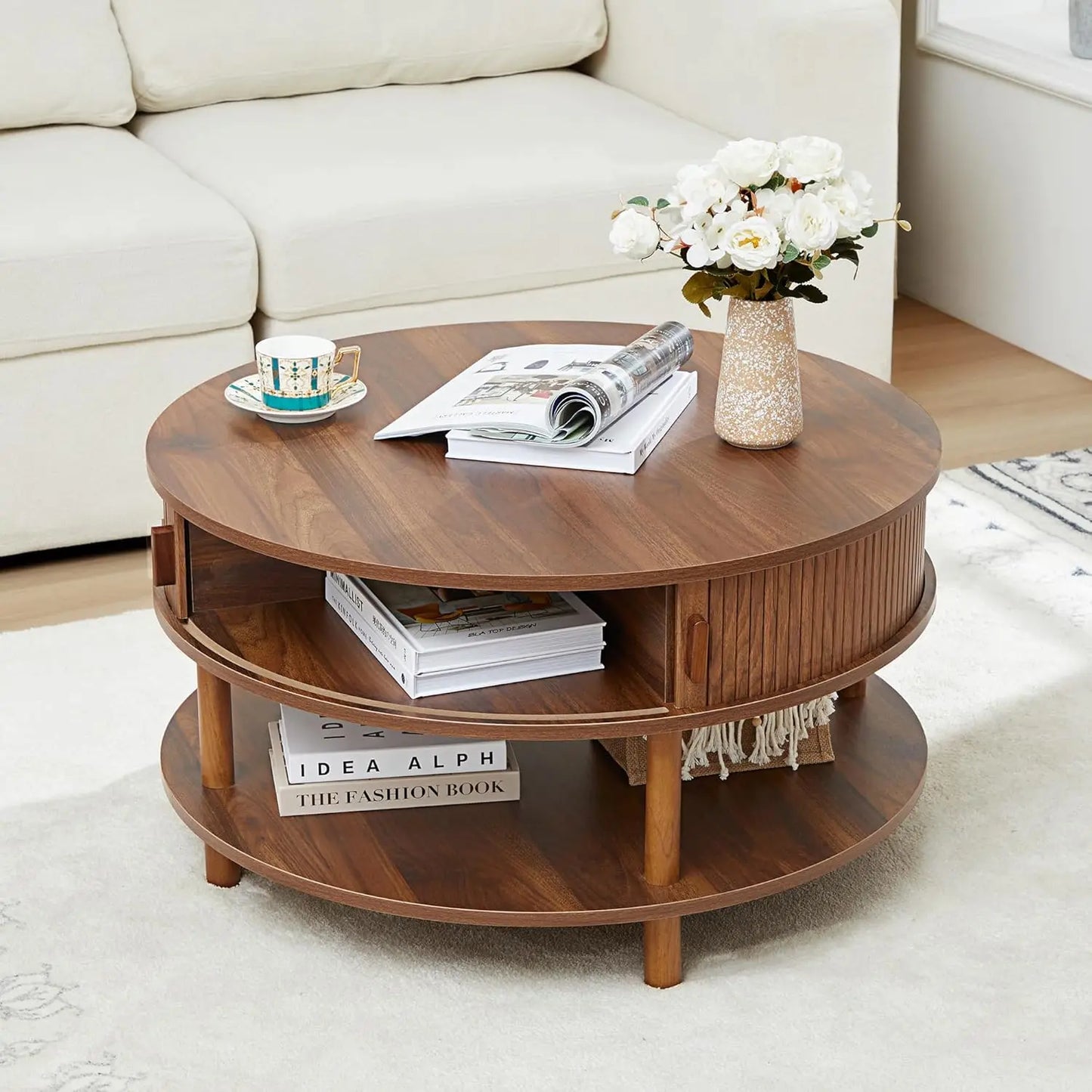 Oval Minimalist Farmhouse Coffee Table With Storage