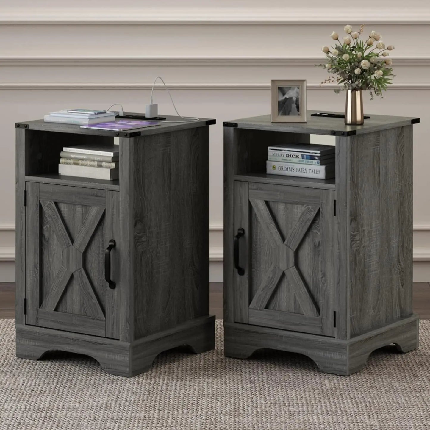 Farmhouse Nightstand Set Of 2 With Charging Station And Storage
