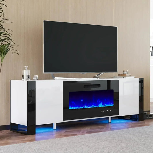 Fireplace TV Stand With LED Lights U Shaped Legs Entertainment Center