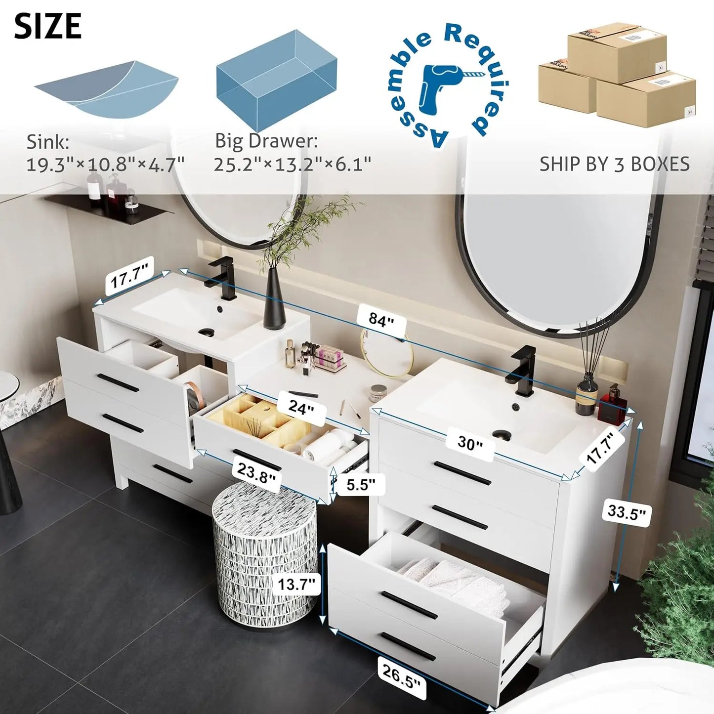 Modern Bathroom Vanity Sink Combo With Makeup Desk And Dual Faucets