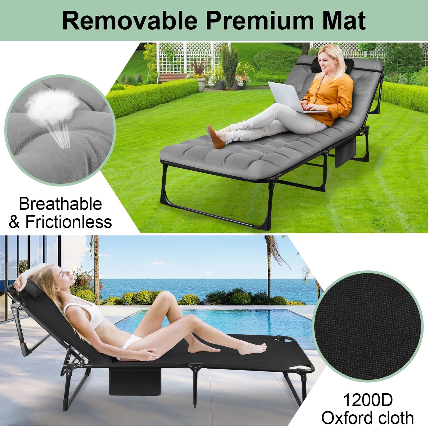 Portable Folding Camping Cot 3 Position Reclining Lounge Chair With Pillow