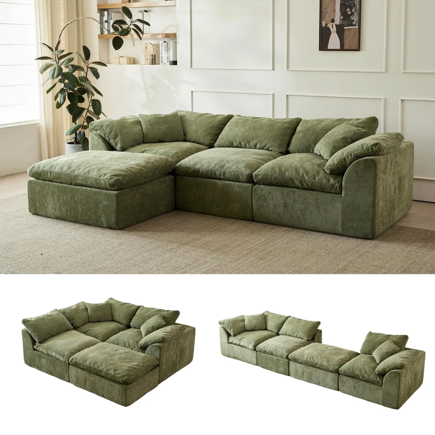 Yeflixvrau Modern Cloud L Shaped Chenille Fabric Sofa With Ottoman