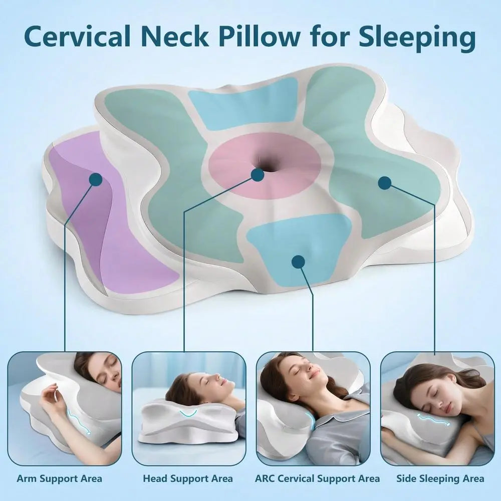 Cervical Neck Pillow With Memory Foam For Side Back And Stomach Sleepers
