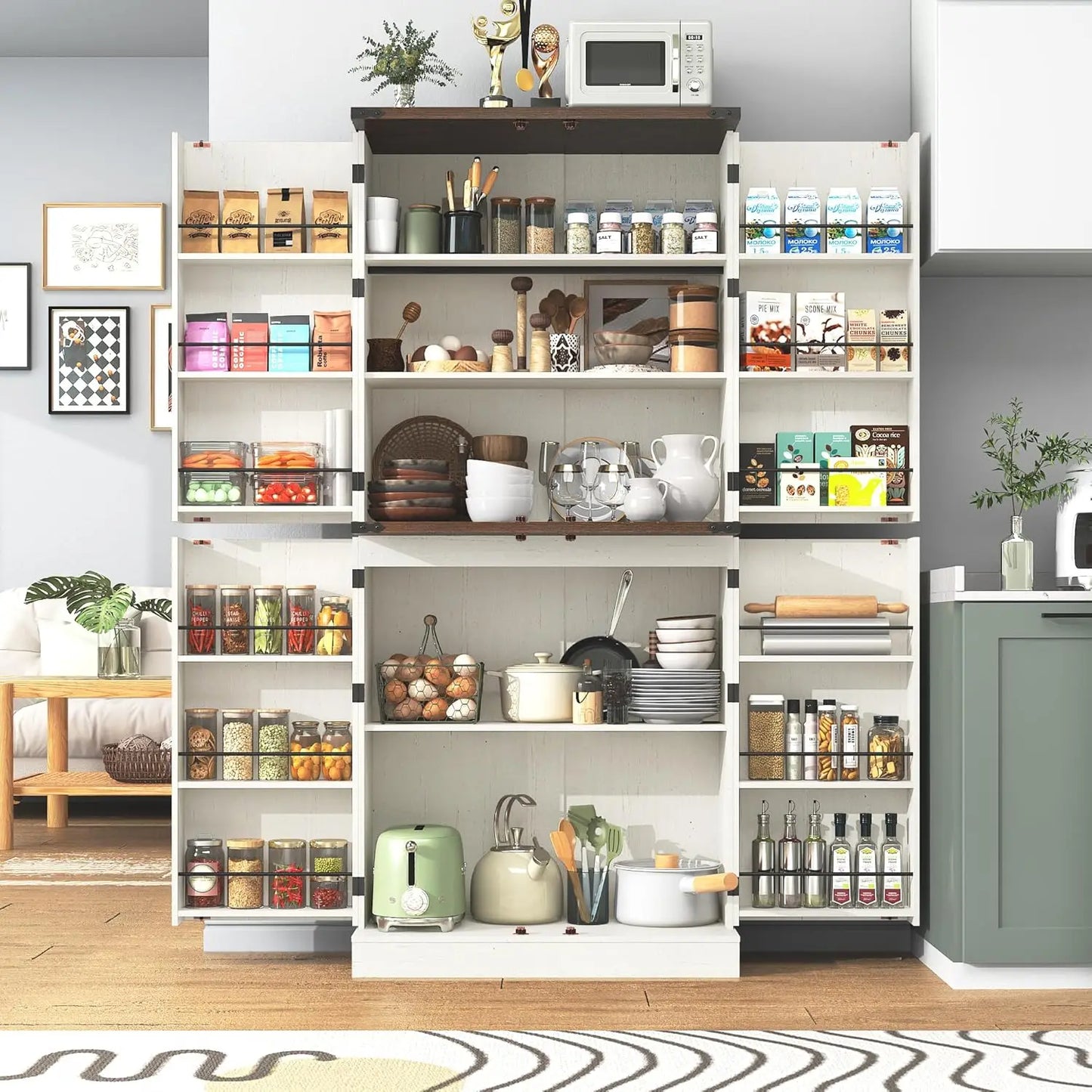 Farmhouse Kitchen Pantry Cabinet With Adjustable Shelves And Barn Doors