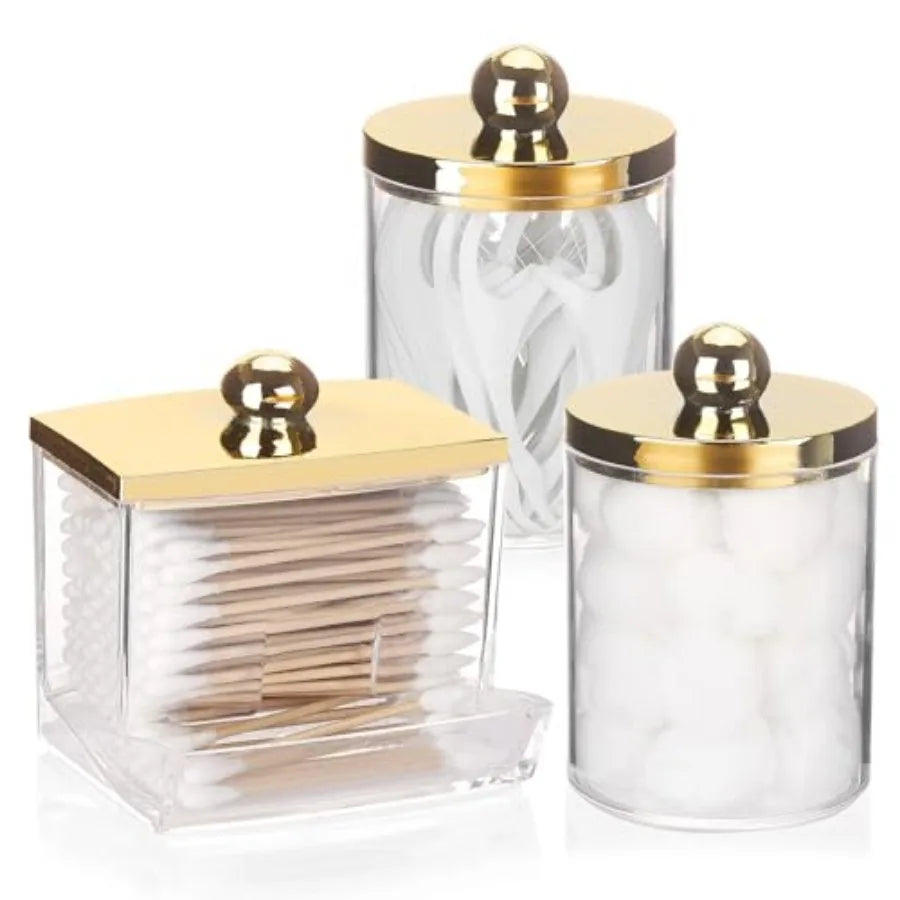 3 Pack Q Tips Dispenser Set For Bathroom Organization With Gold Lids