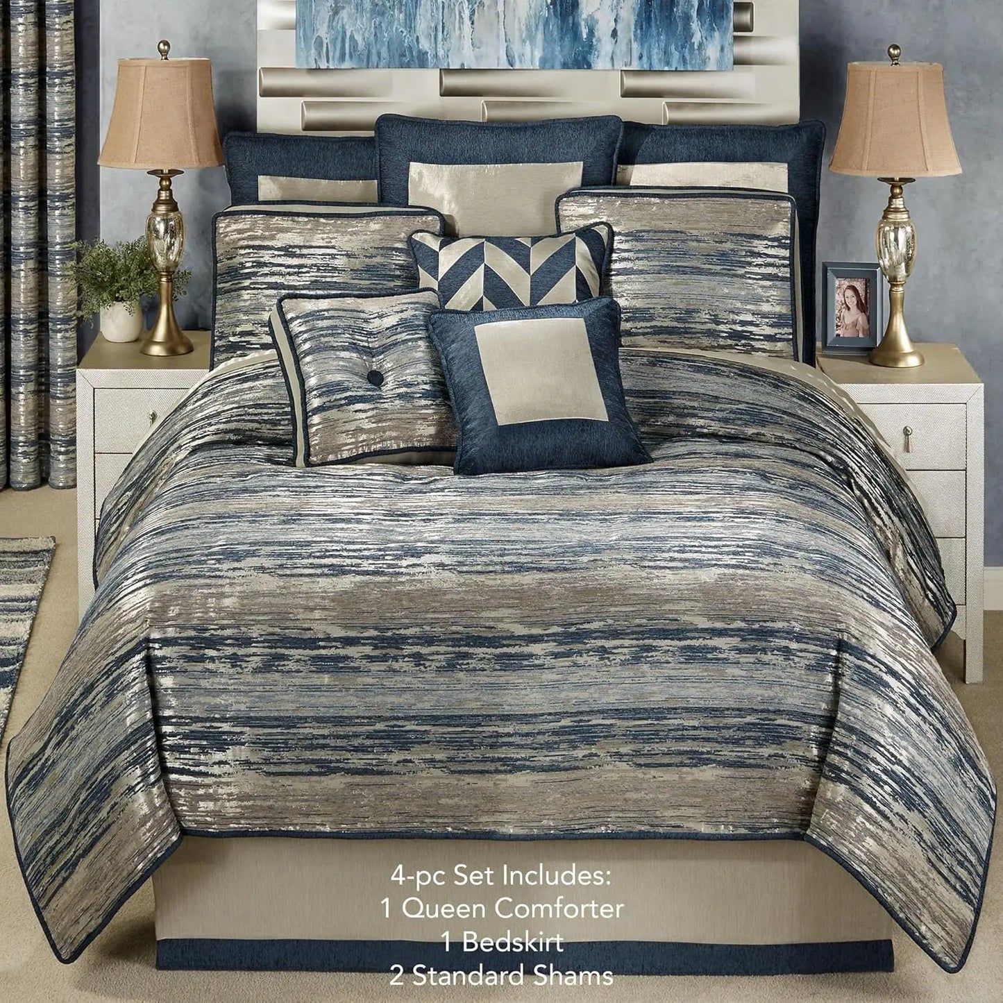 Modern Luxury Bedding Set Chenille Embroidered Striated Designs
