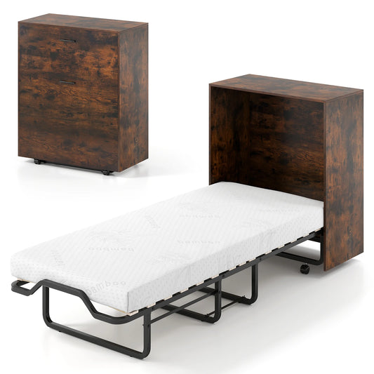 HOMASIS Foldable Murphy Bed With Storage Rolling Cabinet