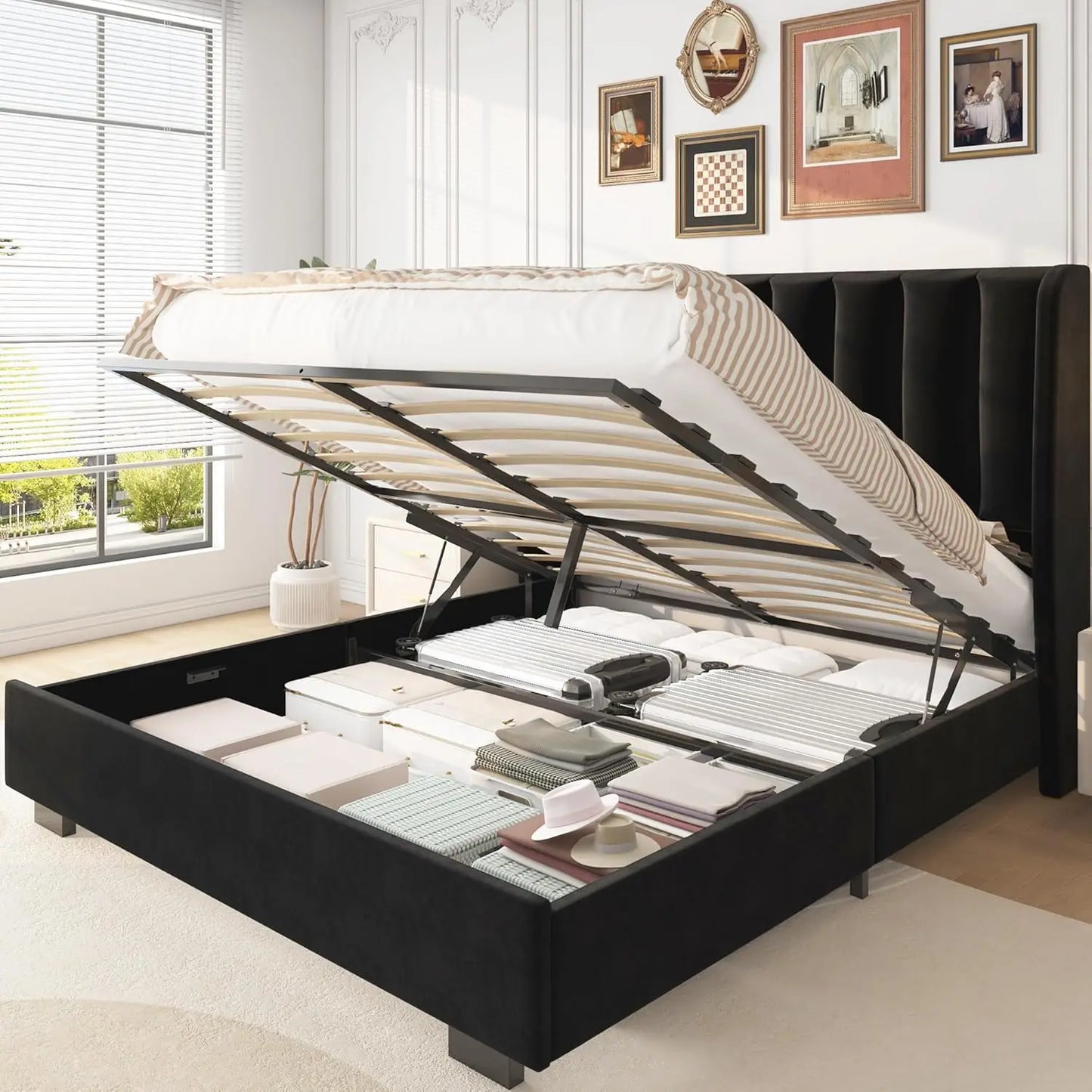 Lift Up Storage Bed Frame With Velvet Wingback Headboard