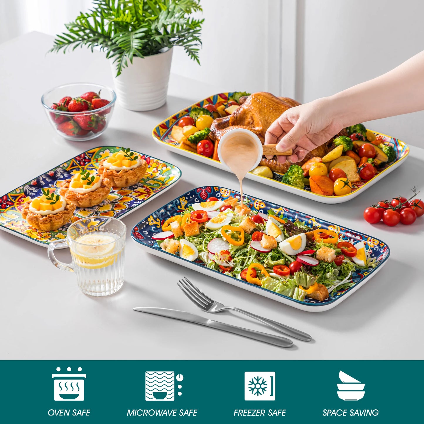 Malacasa Rectangular Ceramic Salad Plates Set for Cake and Appetizer Oven Safe
